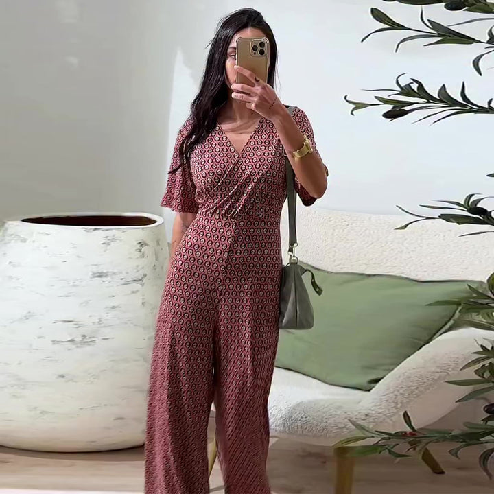 Women's jumpsuit with elastic waistband and deep V-neck Lune London