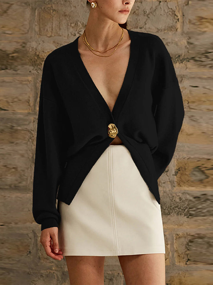 Elegant knit jacket for women with deep V-neck and stylish button placket Lune London