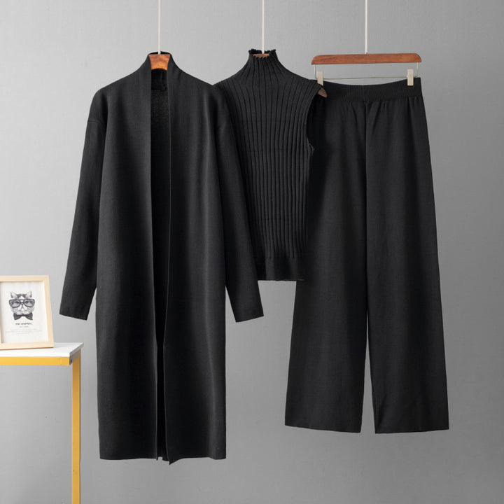 Women modern knitted outfit with long cardigan and quality top Lune London