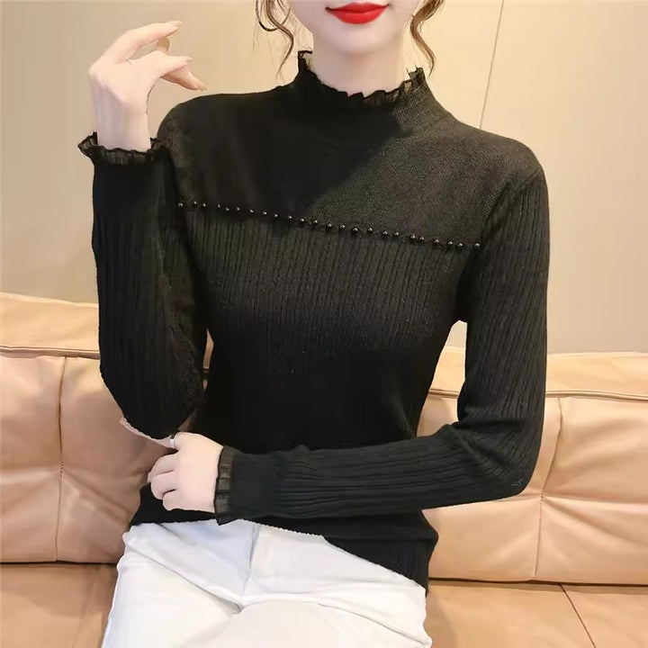 Ladies elegant knitted sweater with transparent inserts and ruffle details Lune London