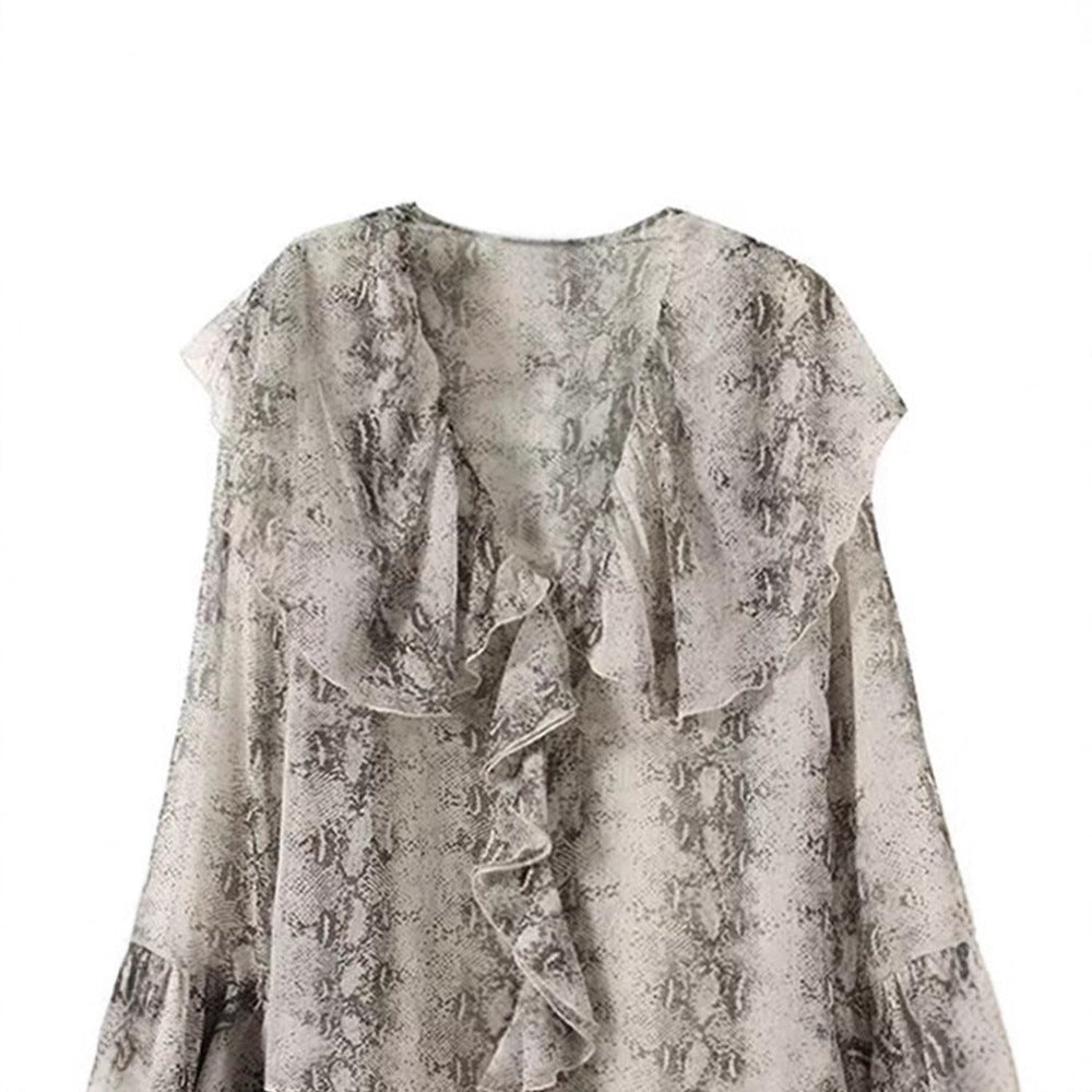 Ladies elegant chiffon blouse with ruffles and snake pattern Lune London