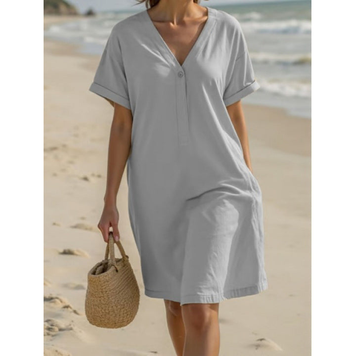 Ladies lightweight summer dress with rolled-up sleeves and a practical button placket Lune London