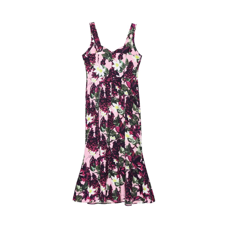 Maxi dress for women with a floral design featuring a fluid hem and a deep V neck Lune London
