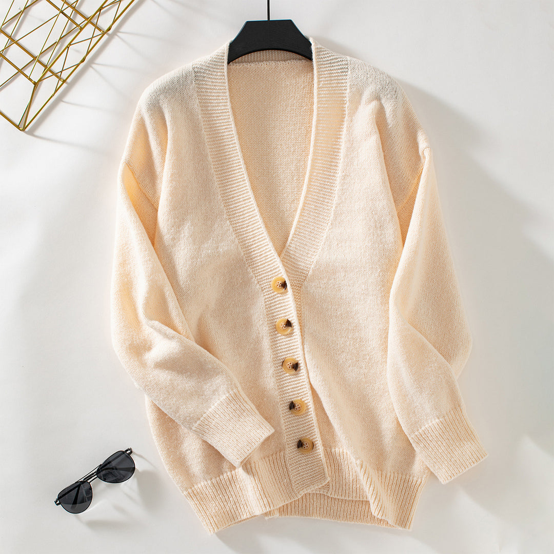 Ladies comfortable cardigan with button details and deep V-neck Lune London