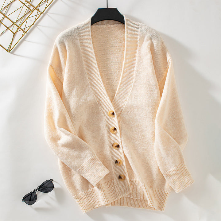 Ladies comfortable cardigan with button details and deep V-neck Lune London