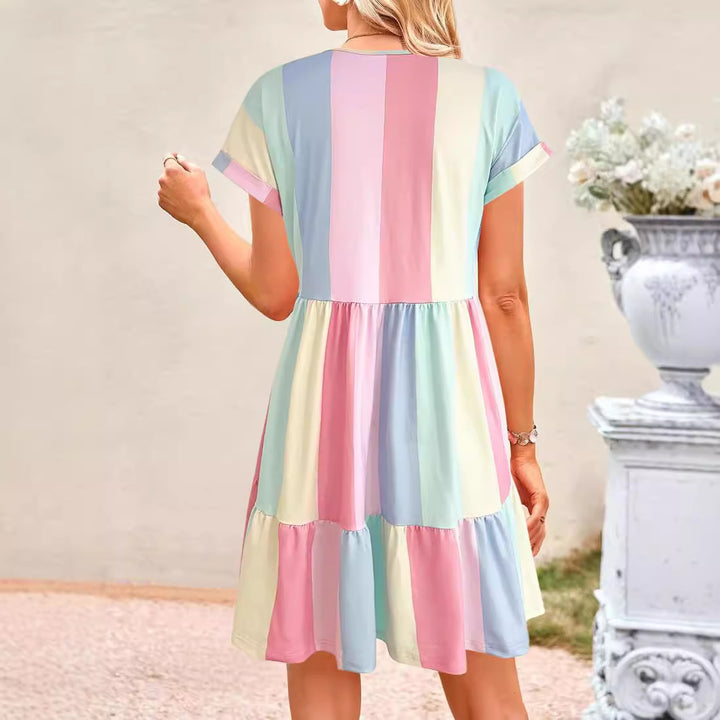 Casual summer dress for women with a modern striped design, featuring a V-neck and ruffles Lune London