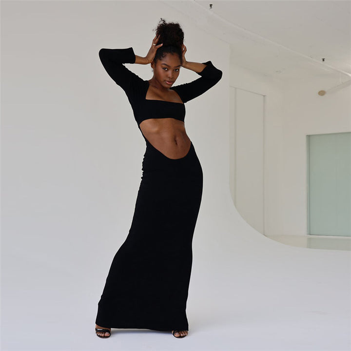 Lune London Long Sleeve Cut-Out Maxi Dress for Women with Fitted Cut