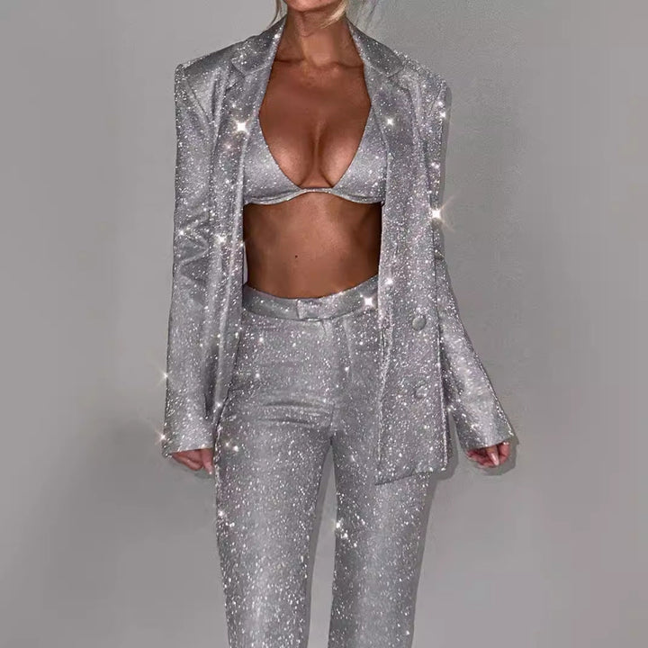 Women's Glittering Suit Set with Crop Top and Flared Pants Lune London