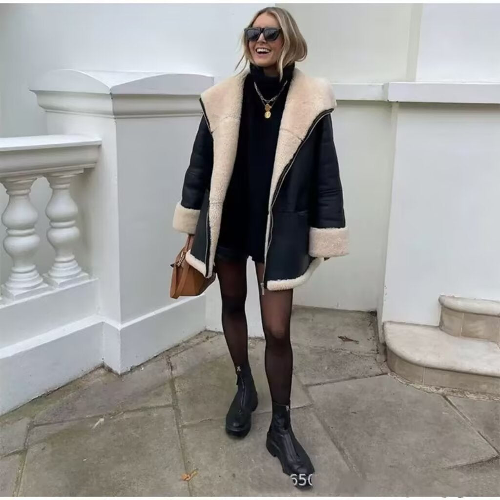 Faux leather jacket for women with cozy fleece lining and practical pockets Lune London
