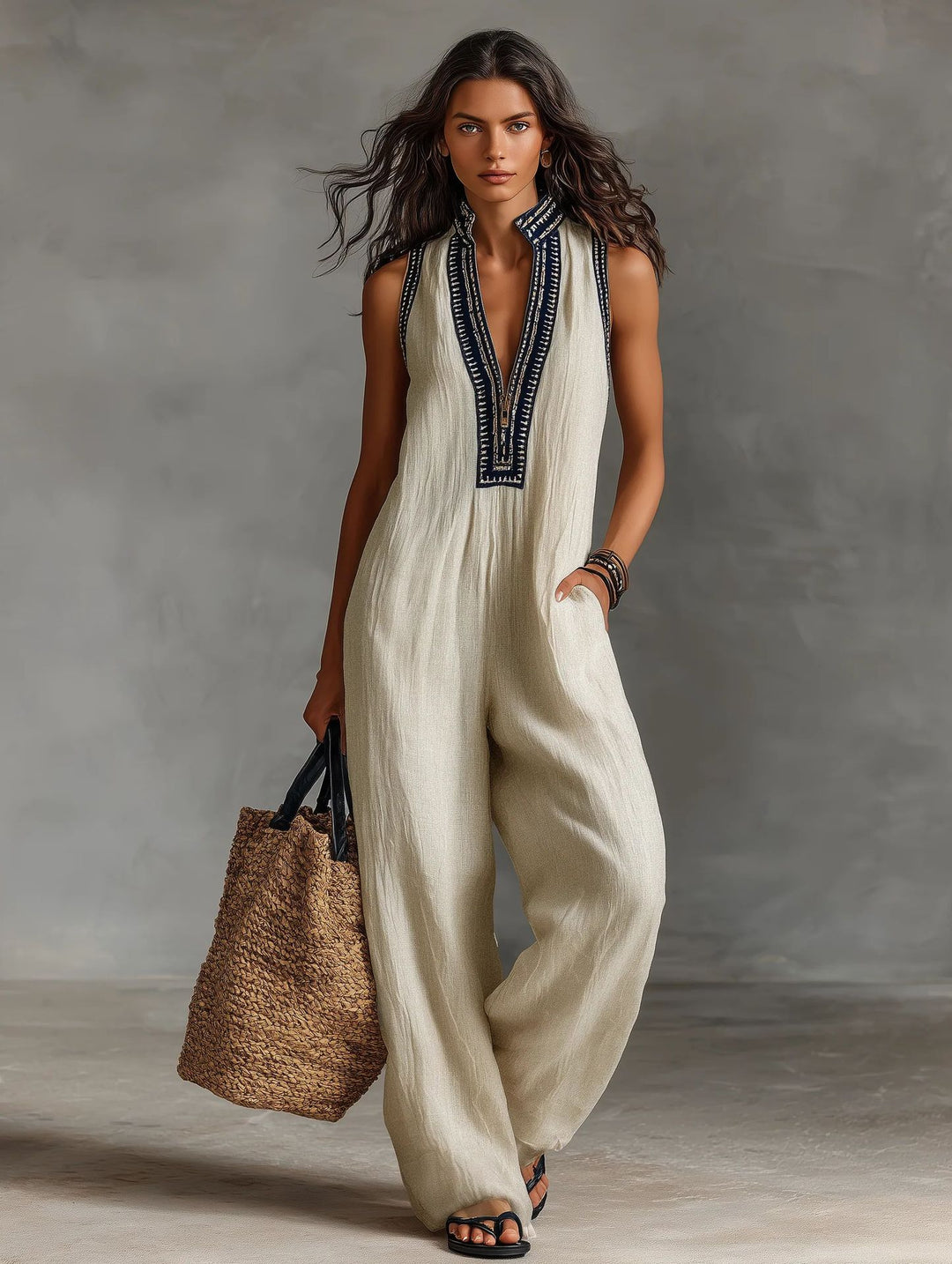 Women's airy jumpsuit with elegant V-neck and embroidered collar Lune London