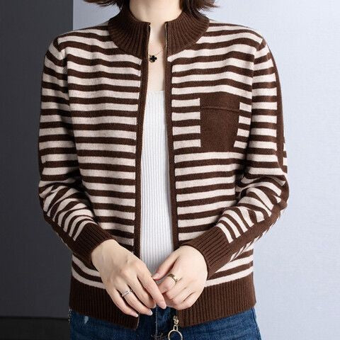 Knitted jacket for women with high collar and zipper Lune London