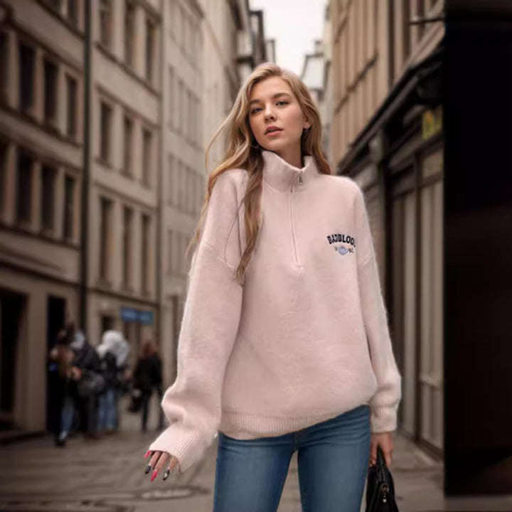 Ladies Soft High Neck Sweater with Zipper and Modern Details Lune London