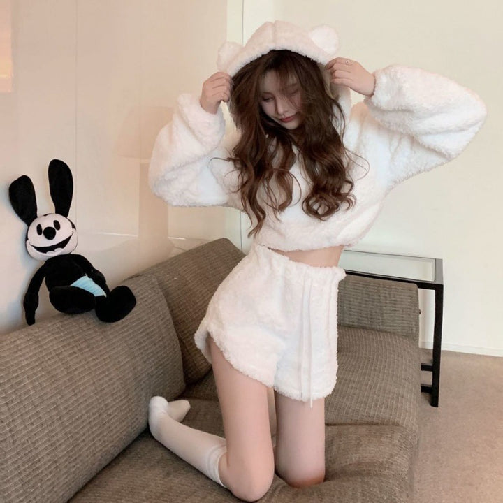 Women's cozy hoodie set with ears and elastic waistband