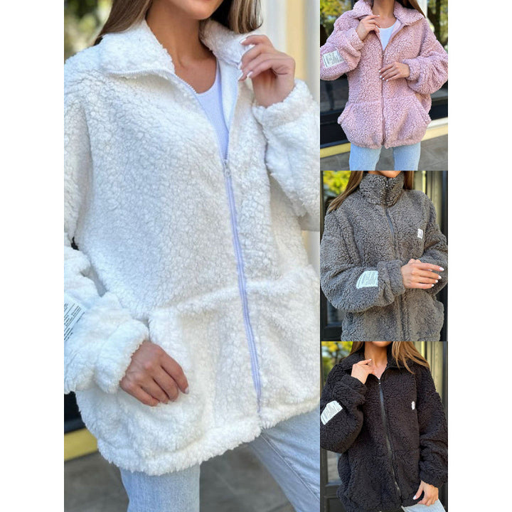 Ladies Plush Fleece Jacket with High Collar and Practical Pockets Lune London