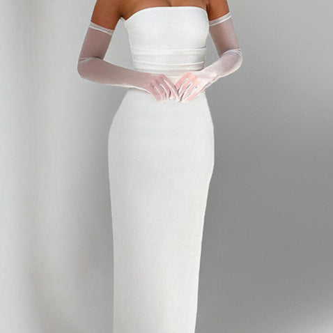 Lune London Women's Strapless Maxi Dress with Sheer Sleeve Accents and Fitted Cut
