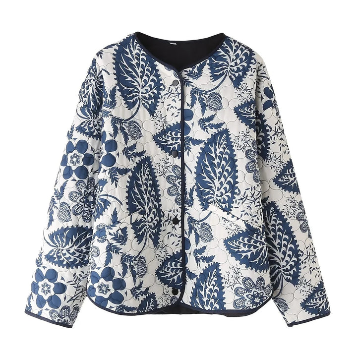 Ladies quilted floral jacket with innovative pocket and round collar Lune London