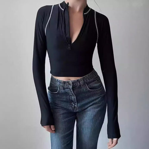 Women Long Sleeve Cropped Sports Top with Zipper Lune London