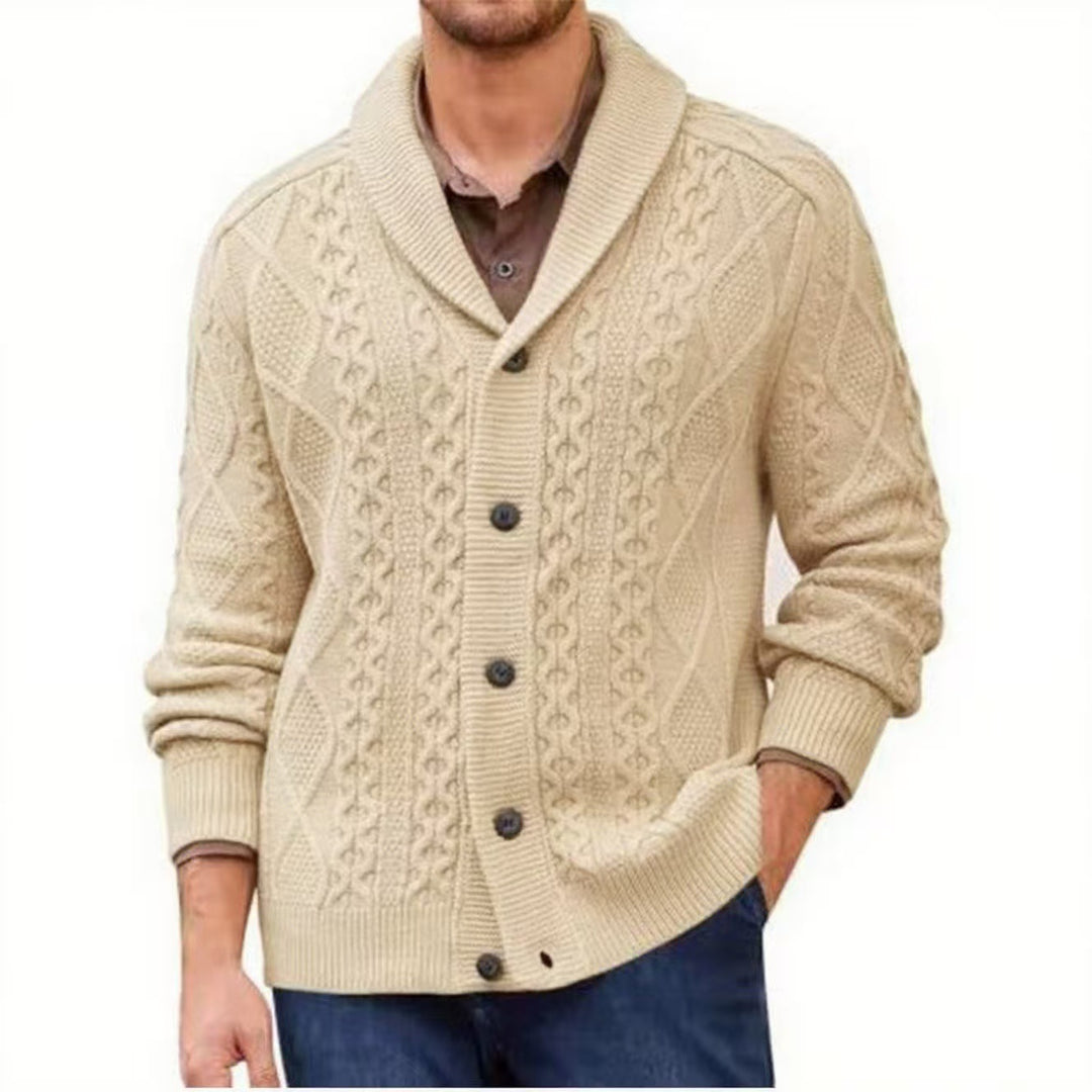 Men's knitted jacket with a clear braid pattern and a modern high collar Lune London