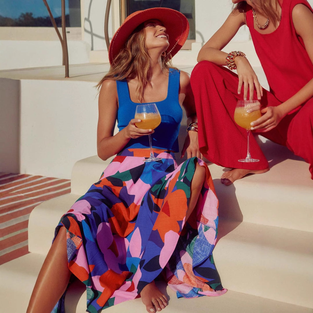 Women's maxi skirt with colorful floral design and flowing fall