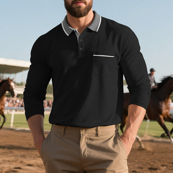Men's long-sleeved polo shirt with elegant button placket and practical chest pocket Lune London