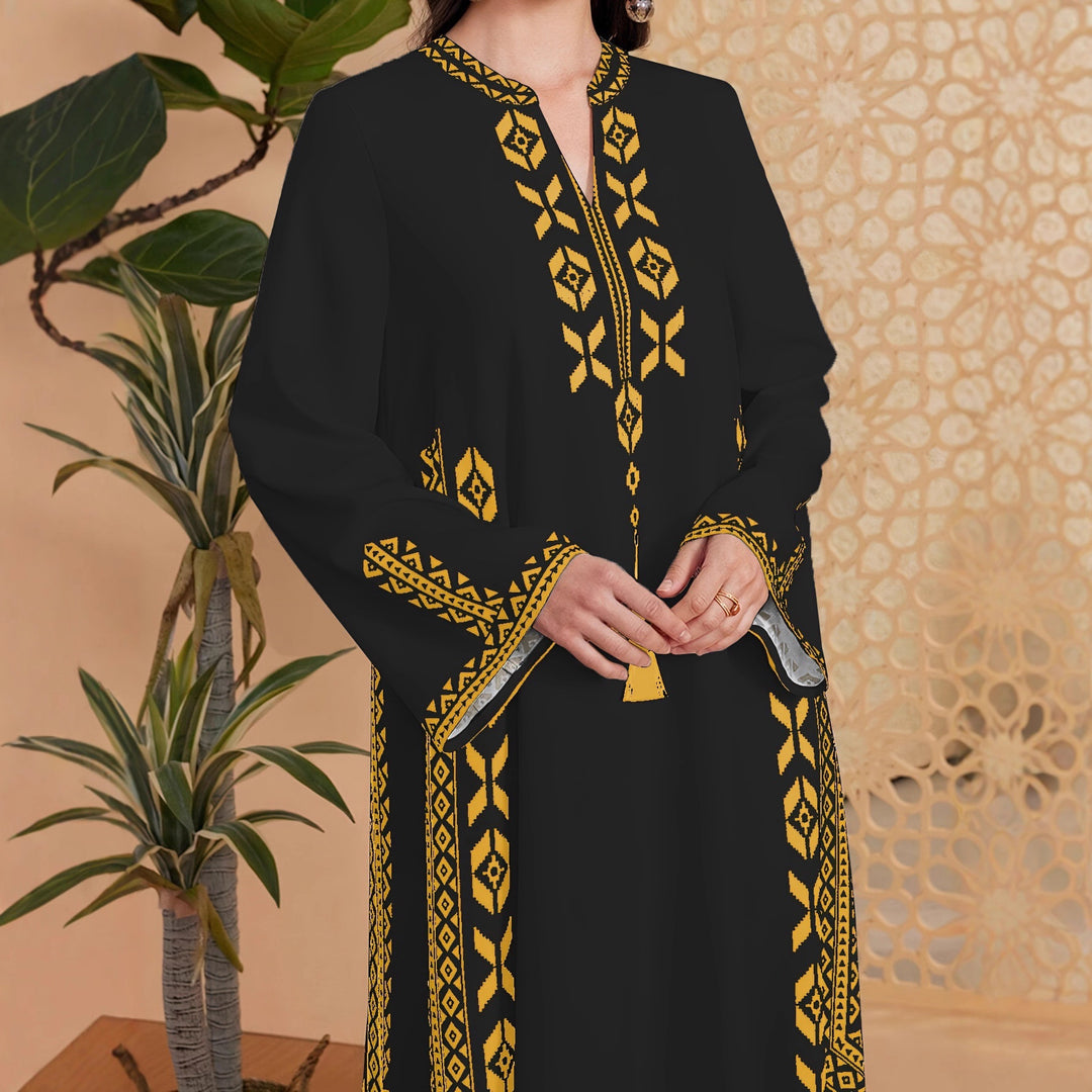Caftan dress for women with an artistic embroidered design and an elegant V-neck Lune London