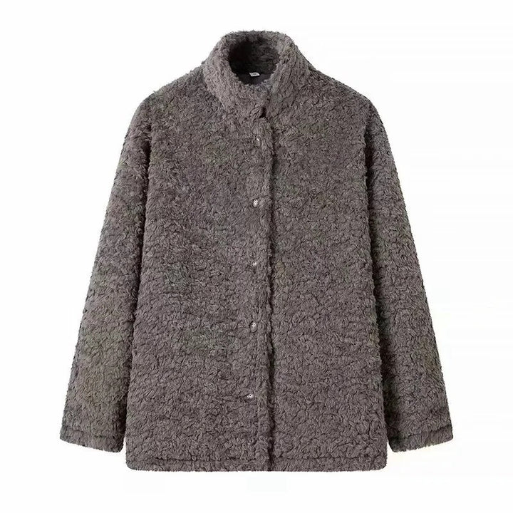 Comfortable fleece jacket for women with high collar and snap button closure Lune London