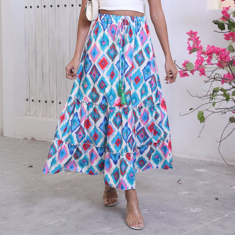 Maxi flared skirt for women with ruffle design and adjustable waist Lune London