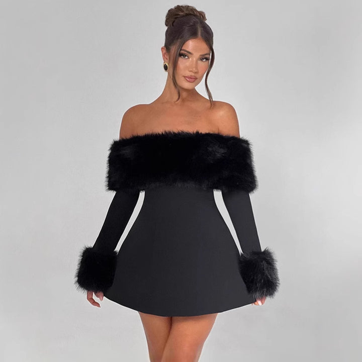 Off-the-shoulder cocktail dress for women with elegant felt borders Lune London