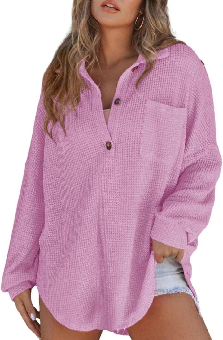 Women's casual ribbed knit top with button placket Lune London