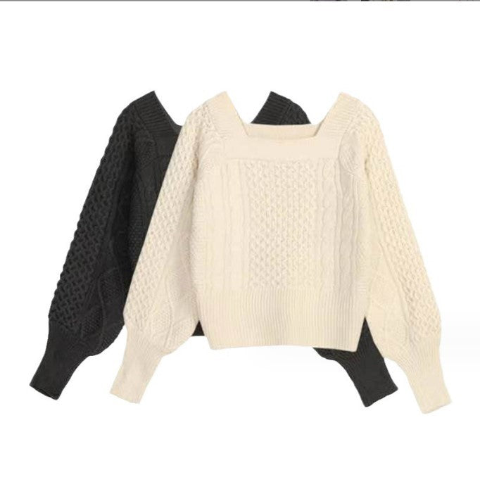 Pull femme en grosse maille avec des détails de tresse modernes et un col carré Lune London
