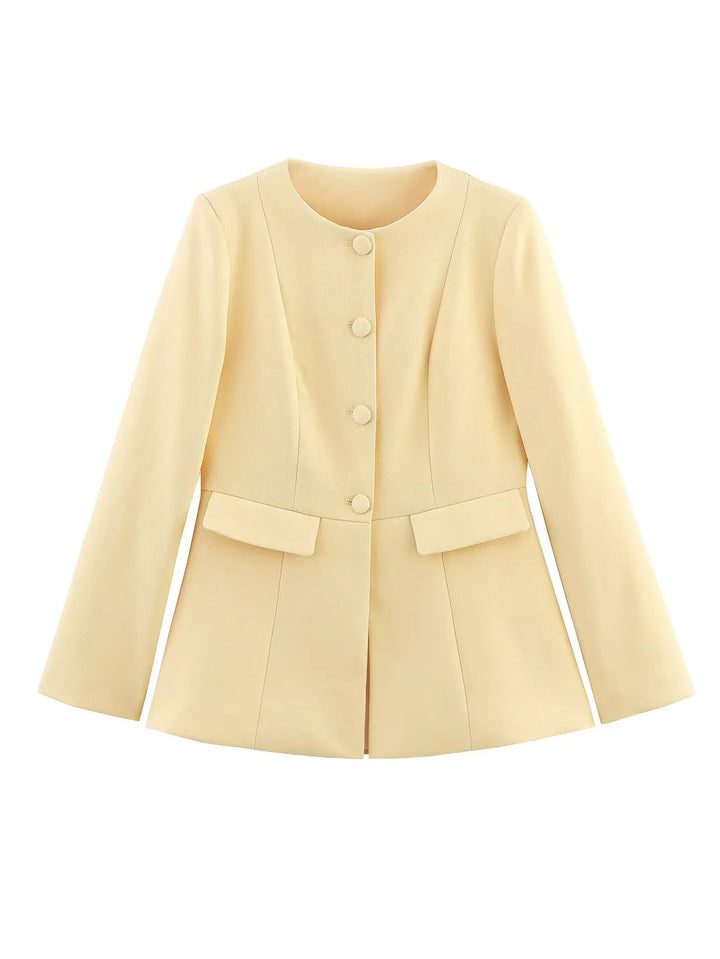 Elegant short blazer for women with a tailored fit and chic button details.