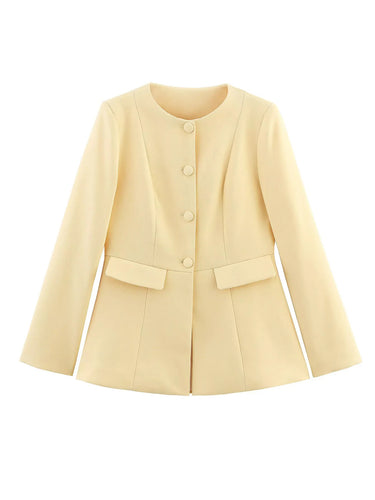 Elegant short blazer for women with a tailored fit and chic button details.