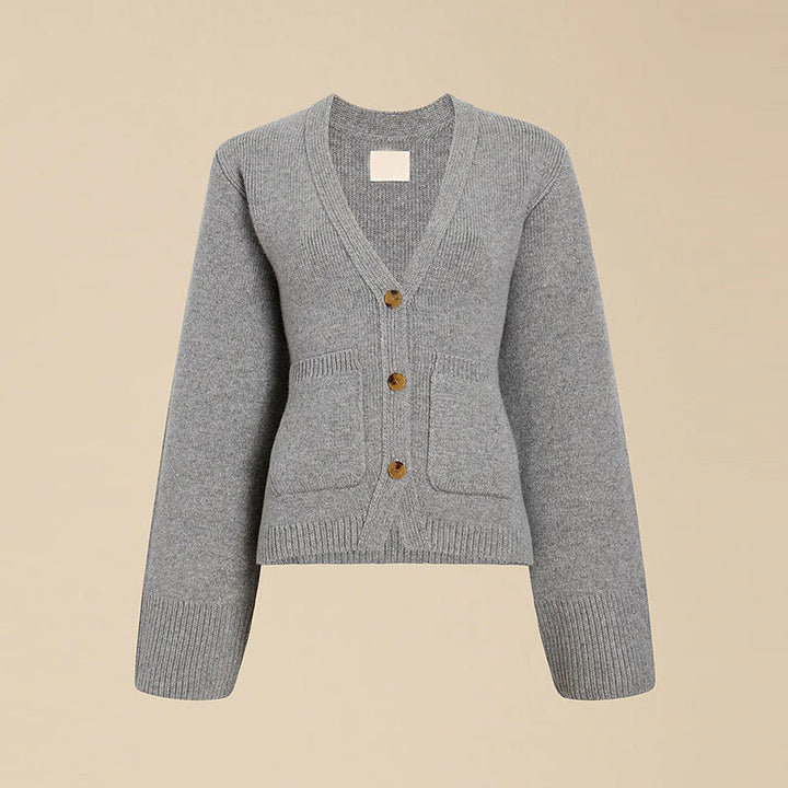 Knit jacket for women with deep V-neck and practical pockets Lune London