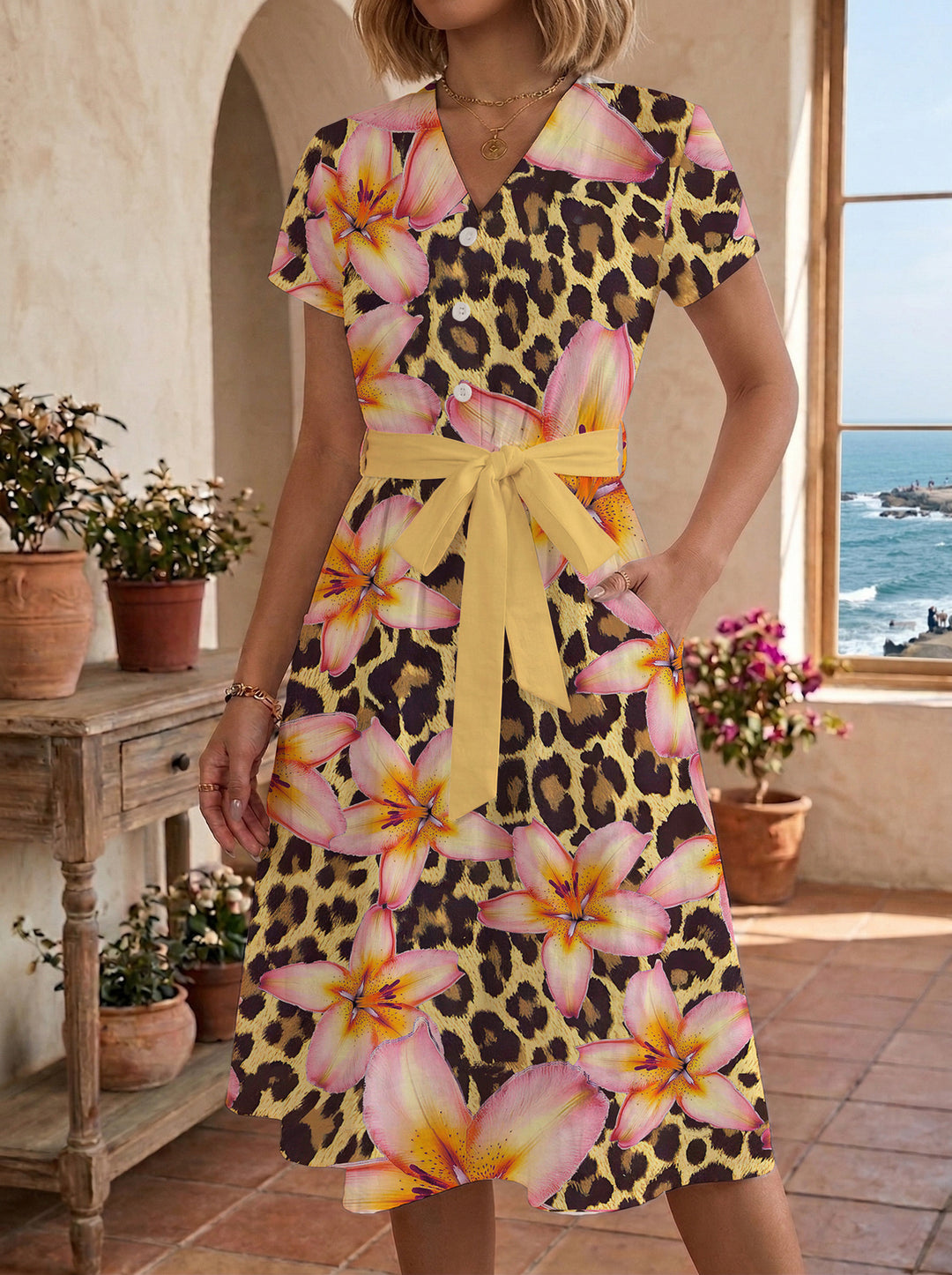 Women's Blooming Midi Dress with Adjustable Belt and Artistic Print Lune London