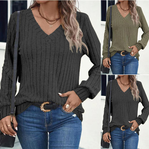 V-neck ribbed pullover for ladies with long sleeves Lune London