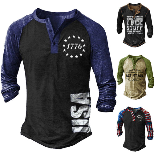 Men's Long Sleeve Henley T-Shirt with Creative Print and Stylish Button Closure Lune London