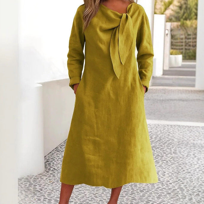 Elegant linen dress for women with asymmetric collar and shawl collar Lune London