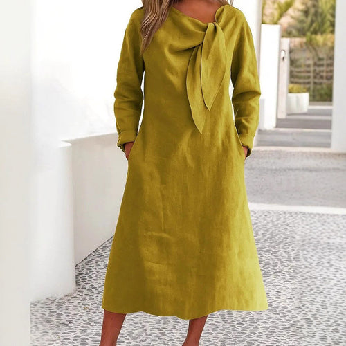 Elegant linen dress for women with asymmetric collar and shawl collar Lune London