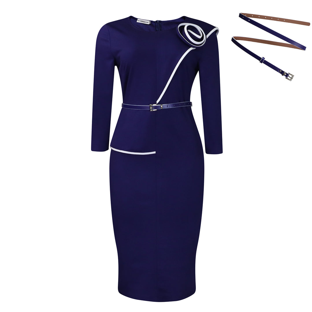 Dresses for women Elegant pencil dress with asymmetrical contrasting details and a fitted belt Lune London