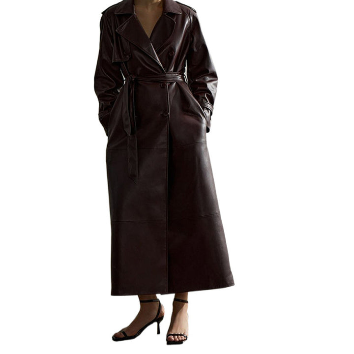 Lune London women's faux leather trench coat with belt and practical pockets