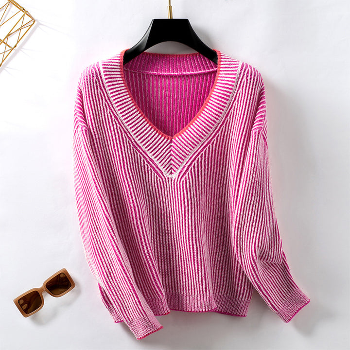 Knitted pullover for women with V-neck and striped design Lune London