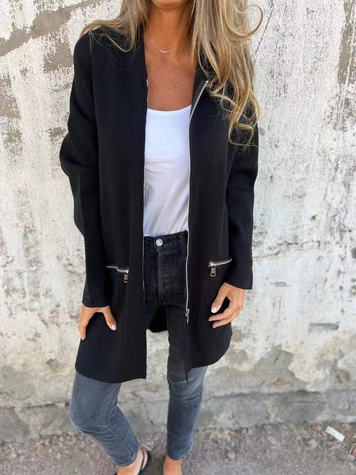 Ladies Long Modern Jacket with Side Zipper Lune London