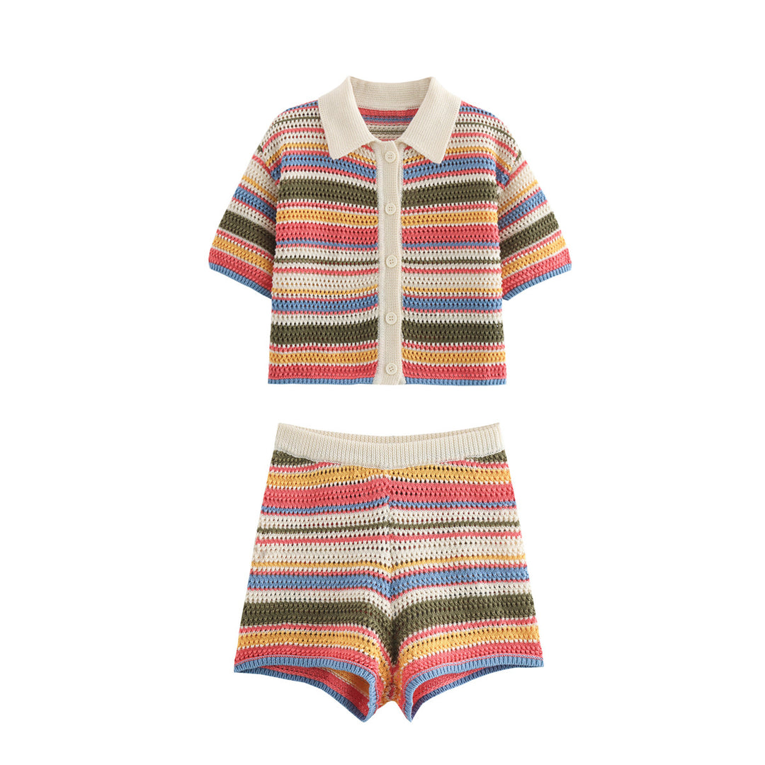 Airy knitted shorts for women with colorful striped pattern Lune London
