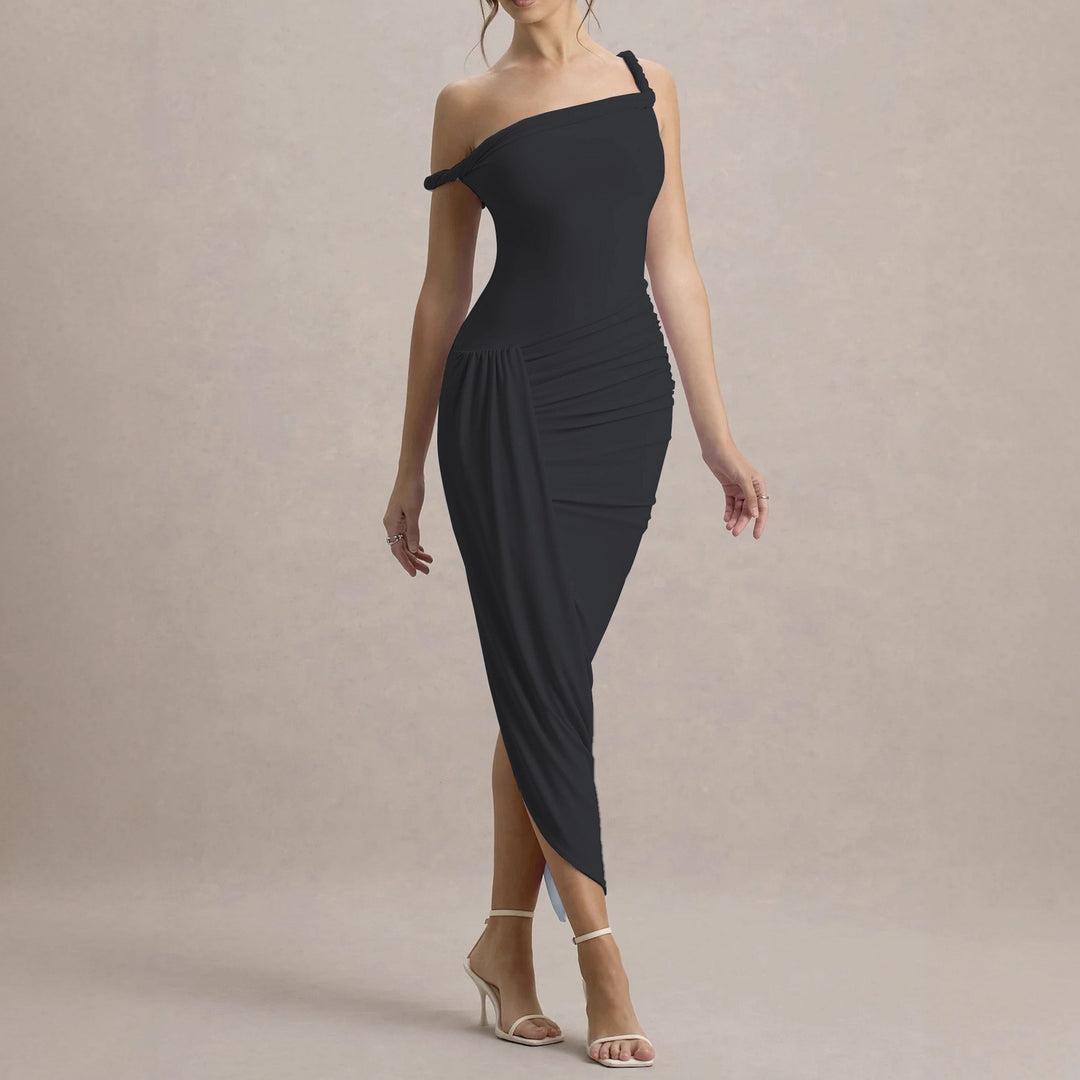 Ladies elegant asymmetrical maxi dress with gathers Lune London