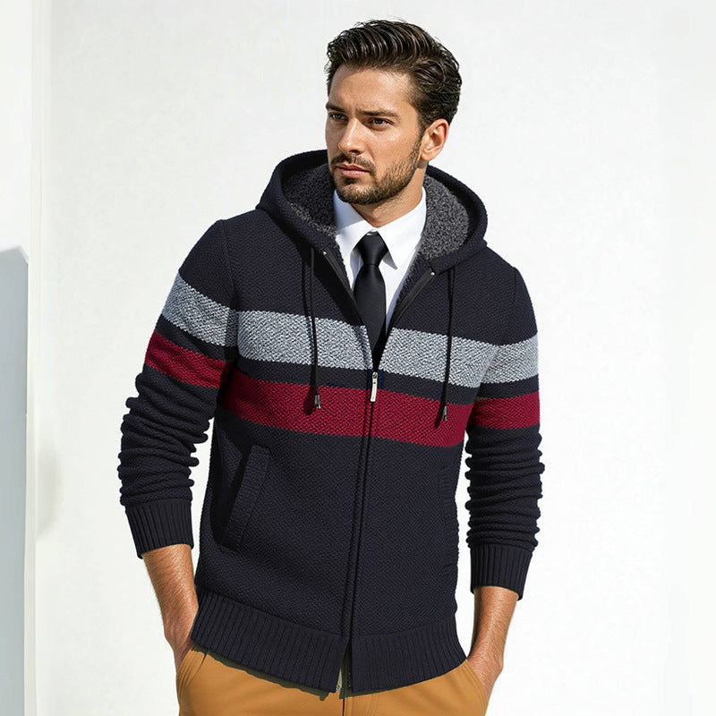 Men's trendy knit hoodie with contrasting decorative stripes and practical pockets Lune London