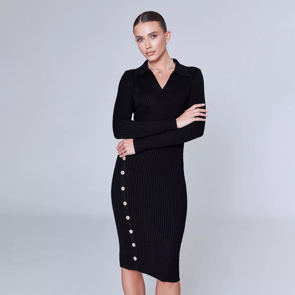 Knit dress for women with feminine button placket Lune London