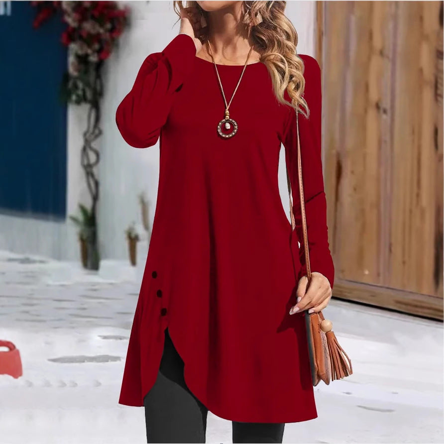 Ladies long tunic with long sleeves in fashion with playful button details Lune London