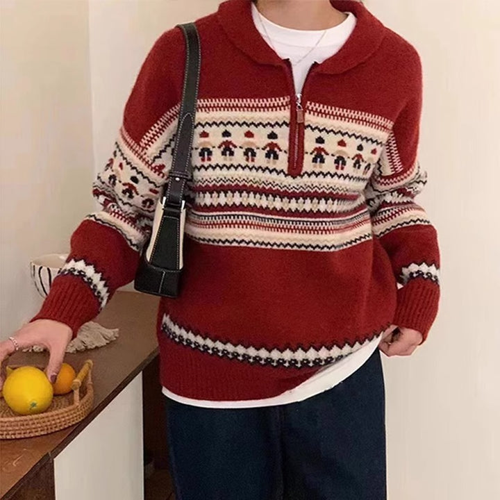 Pull chunky en tricot pour femmes avec col haut et motif norvégien décoratif Chic & Stil