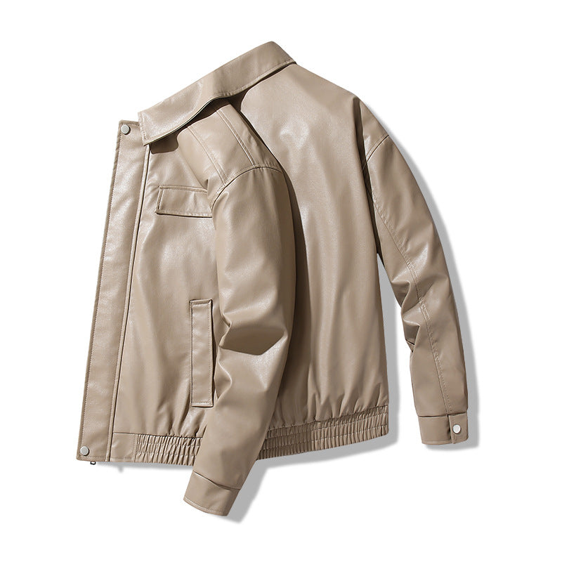 Fashionable synthetic leather jacket for men with large collar and practical pockets Lune London