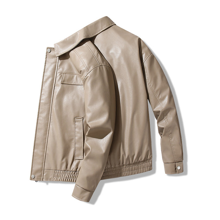 Fashionable synthetic leather jacket for men with large collar and practical pockets Lune London